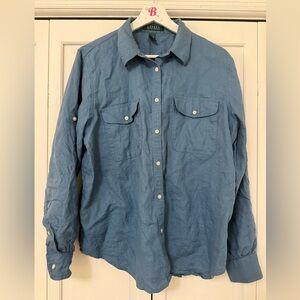Lauren Ralph Lauren 100% Linen Blue Button Down  Roll Tab Dress Shirt XL Career
